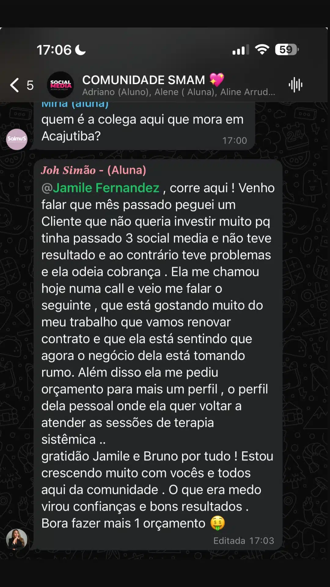Print de resultado de aluno da Comunidade SMAM